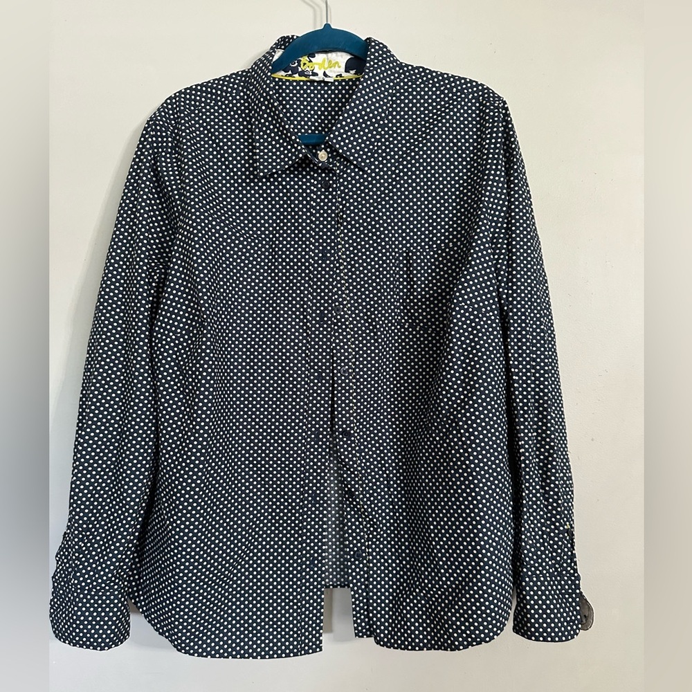 Boden Navy White Polka Dot Button Up with Floral Cuff Size 18